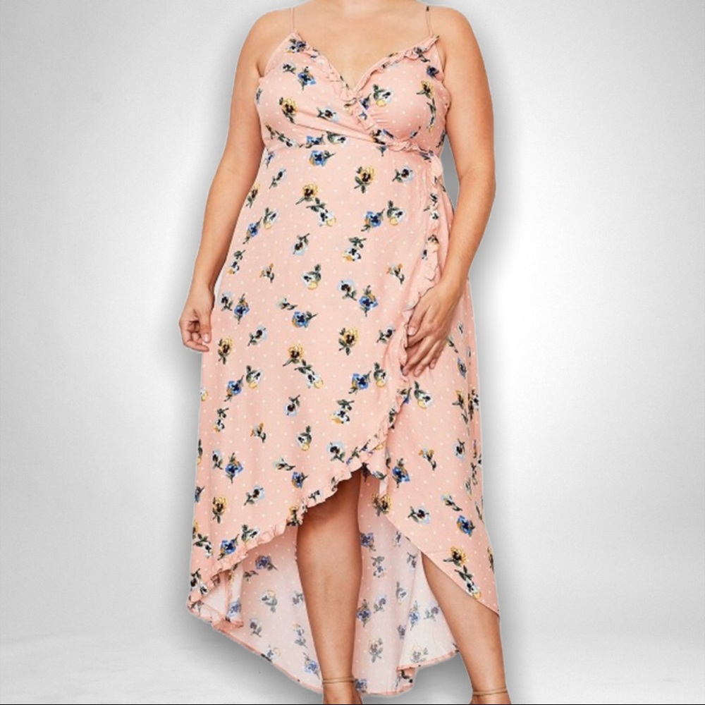 ❌SOLD OUT❌ Peach Floral Hi-Lo Wrap Midi Dress - Picture 2 of 4